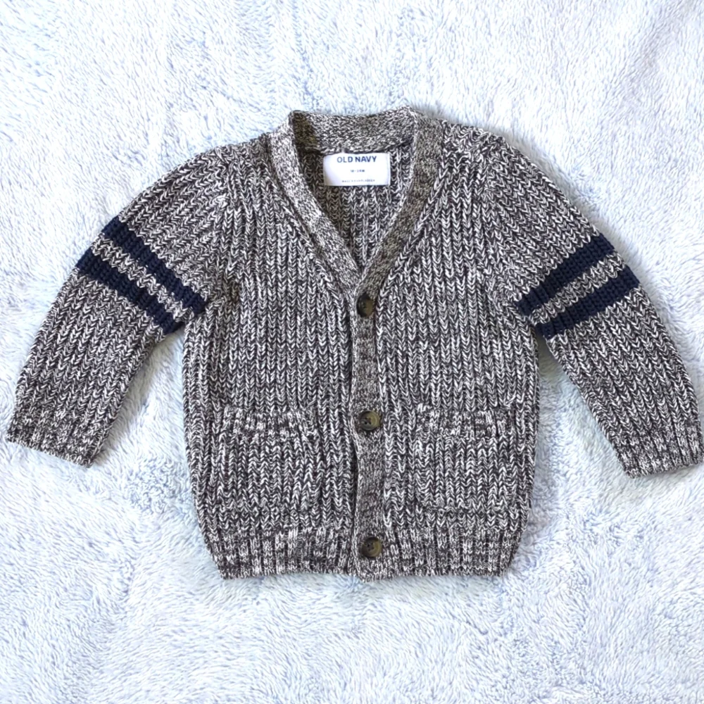 EUC 18-24M Old Navy Cotton Gray Marl Varsity Athletic Stripe V-neck Cardigan